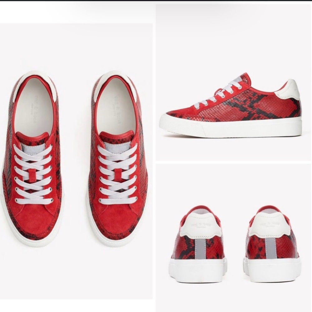 Rag and Bone Women’s RB Army Low Snake Print Red and white sneakers.